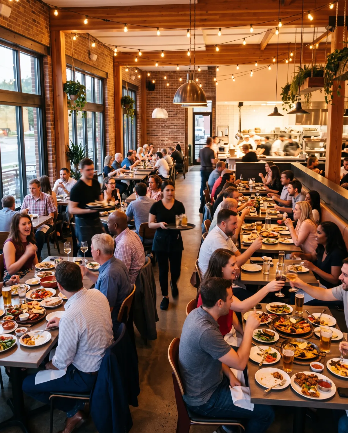Restaurante con ambiente lleno y clientes satisfechos