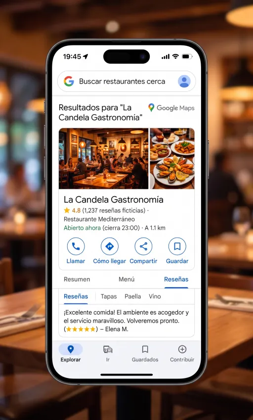 Resultado móvil de un restaurante optimizado en Google